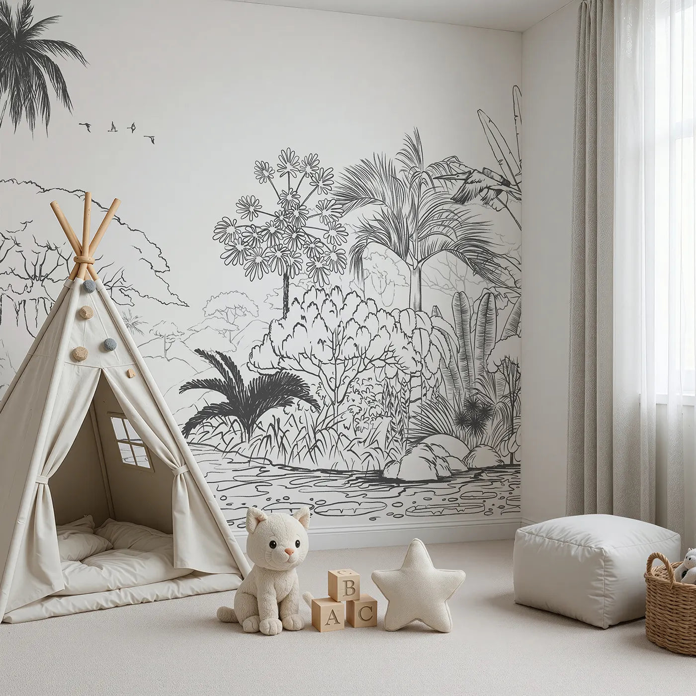 Angled view of Whimsy Tots' Jungle Coloring Page Wall Mural (Turn Their Room into a Giant Coloring Adventure).Gender-Neutral