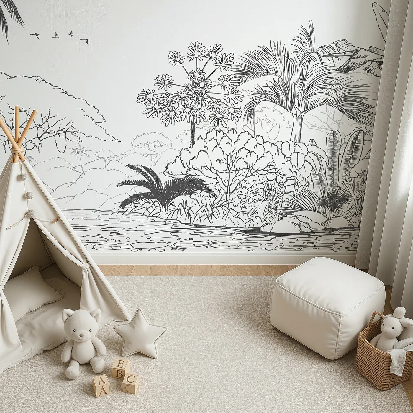 Top-down view of Whimsy Tots' Jungle Coloring Page Wall Mural (Turn Their Room into a Giant Coloring Adventure).Gender-Neutral