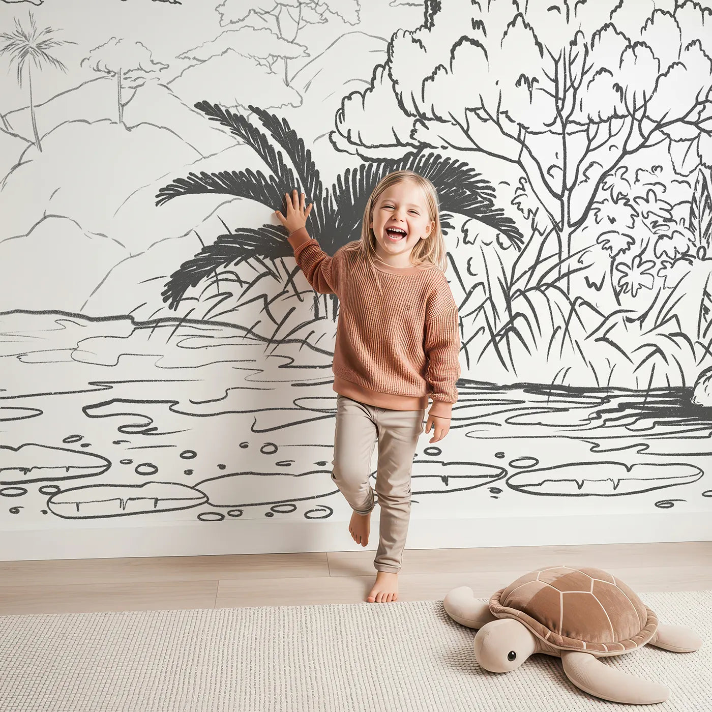 Child in front of Whimsy Tots Jungle Coloring Page Wall Mural with jungle, coloring, color in, black and white, drawing, nature, waterfall, tropical in design.