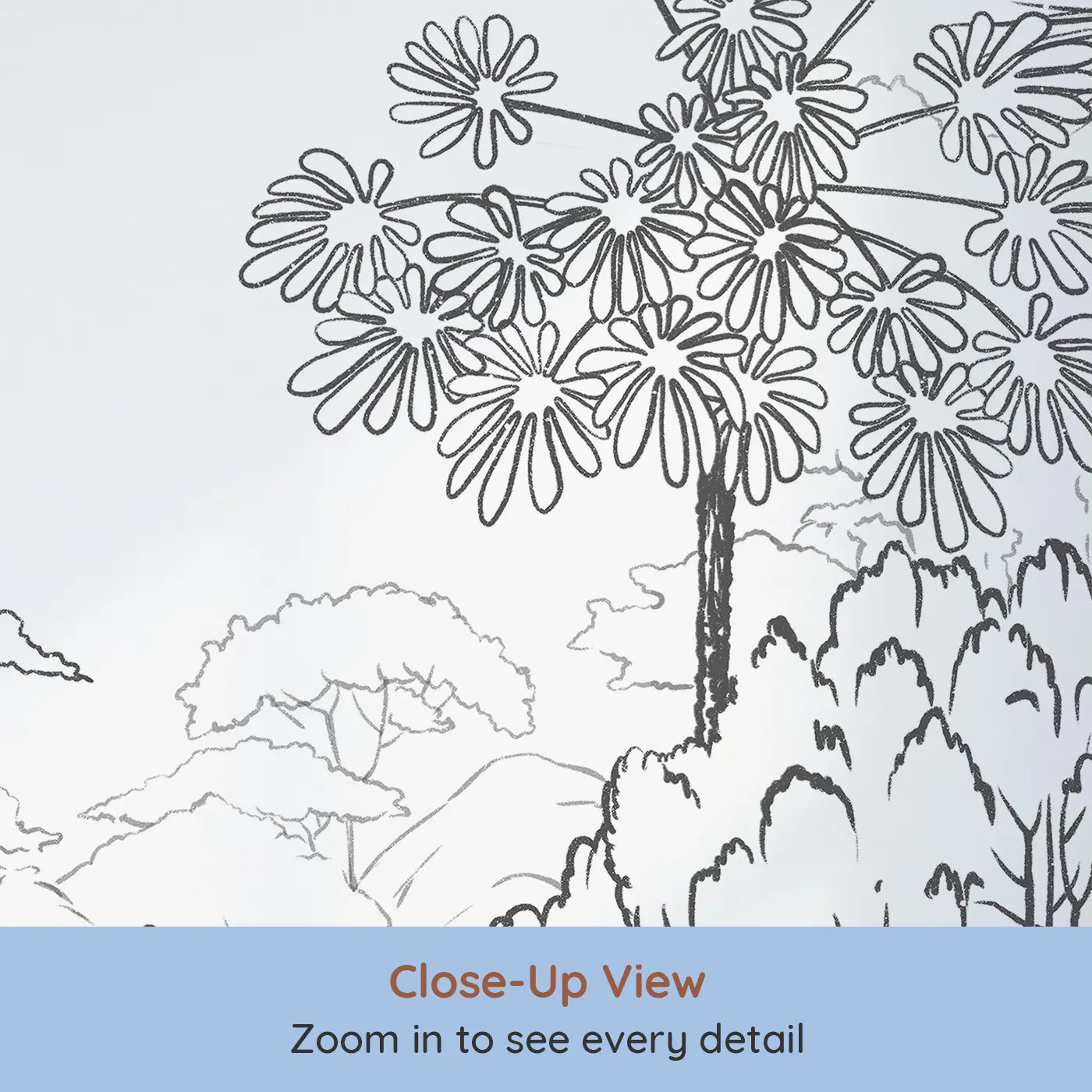 Close-up view of Whimsy Tots' Jungle Coloring Page Wall Mural (Turn Their Room into a Giant Coloring Adventure).Gender-Neutral