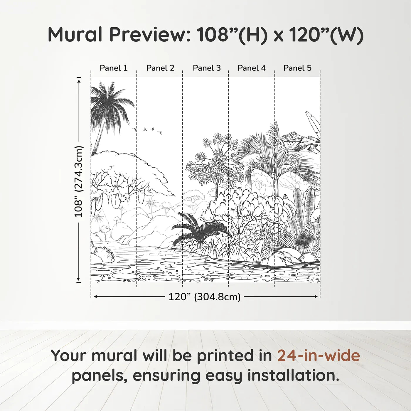 Whimsy Tots Jungle Coloring Page Wall Muraldimension view (108" H x 120" W). Printed in five 24-inch-wide panels. Gender-Neutral