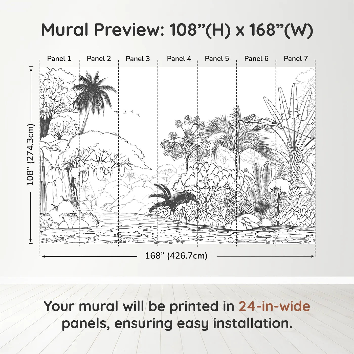 Whimsy Tots Jungle Coloring Page Wall Muraldimension view (108" H x 168" W). Printed in seven 24-inch-wide panels. Gender-Neutral