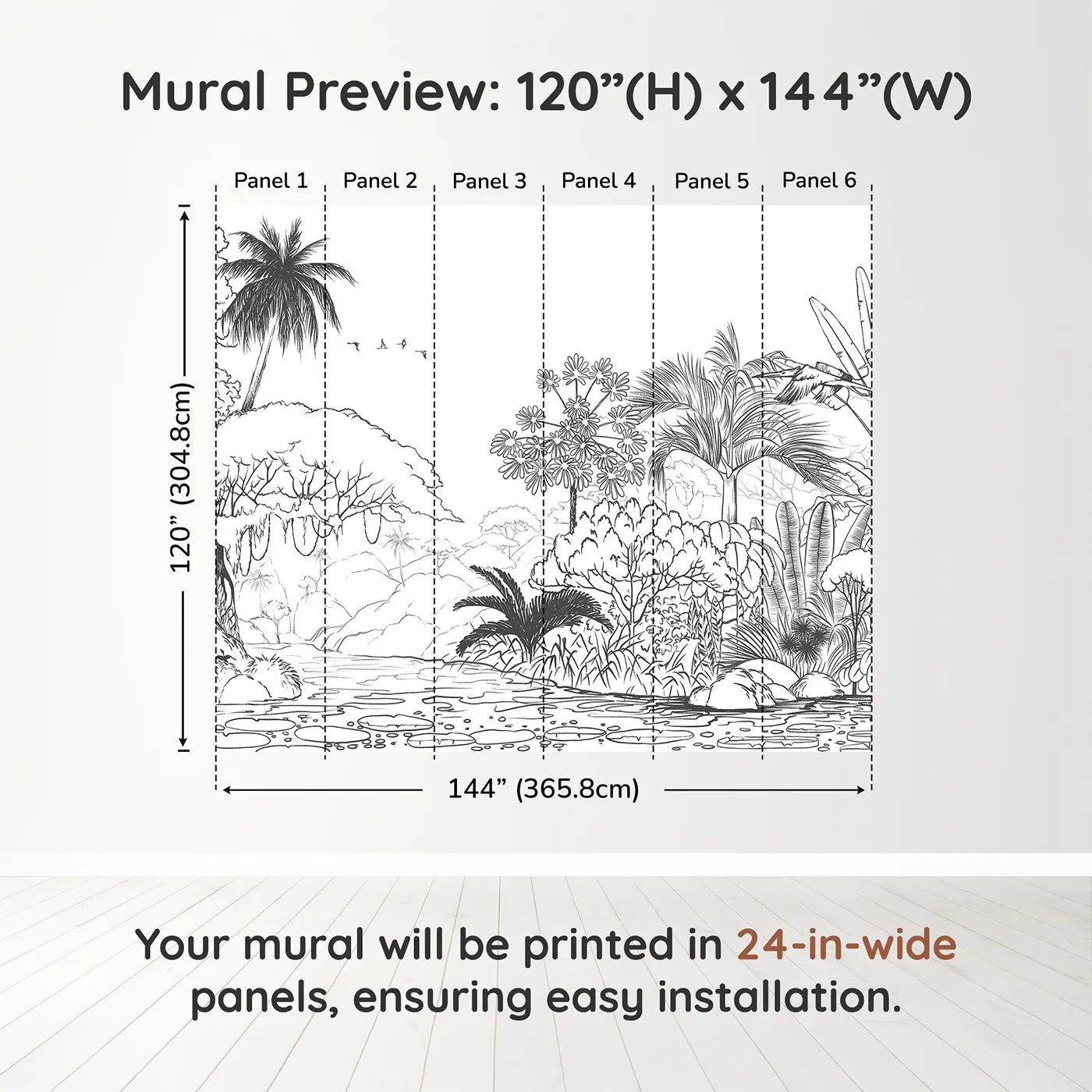Whimsy Tots Jungle Coloring Page Wall Muraldimension view (120" H x 144" W). Printed in six 24-inch-wide panels. Gender-Neutral