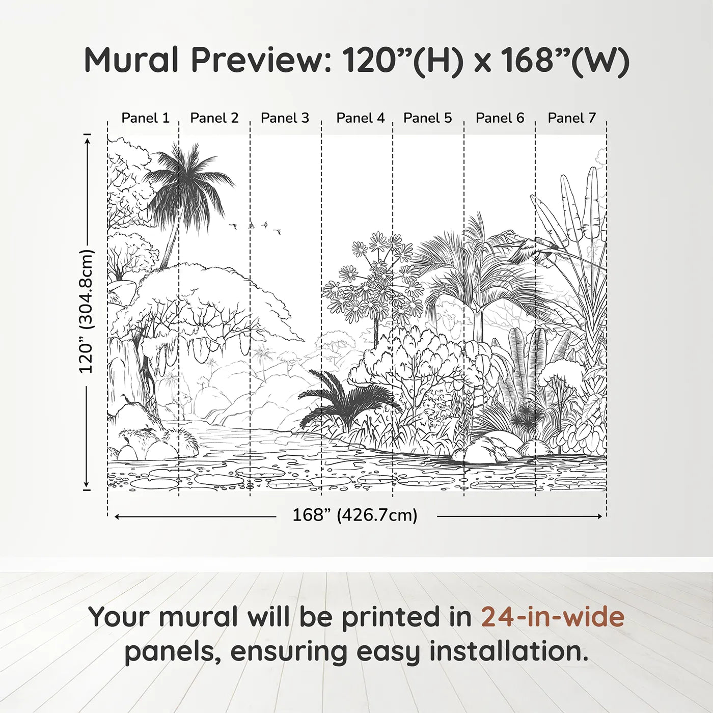 Whimsy Tots Jungle Coloring Page Wall Muraldimension view (120" H x 168" W). Printed in seven 24-inch-wide panels. Gender-Neutral
