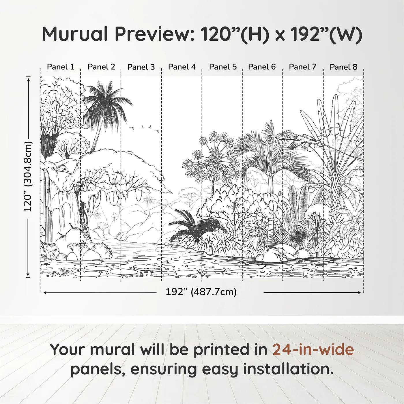 Whimsy Tots Jungle Coloring Page Wall Muraldimension view (120" H x 192" W). Printed in eight 24-inch-wide panels. Gender-Neutral