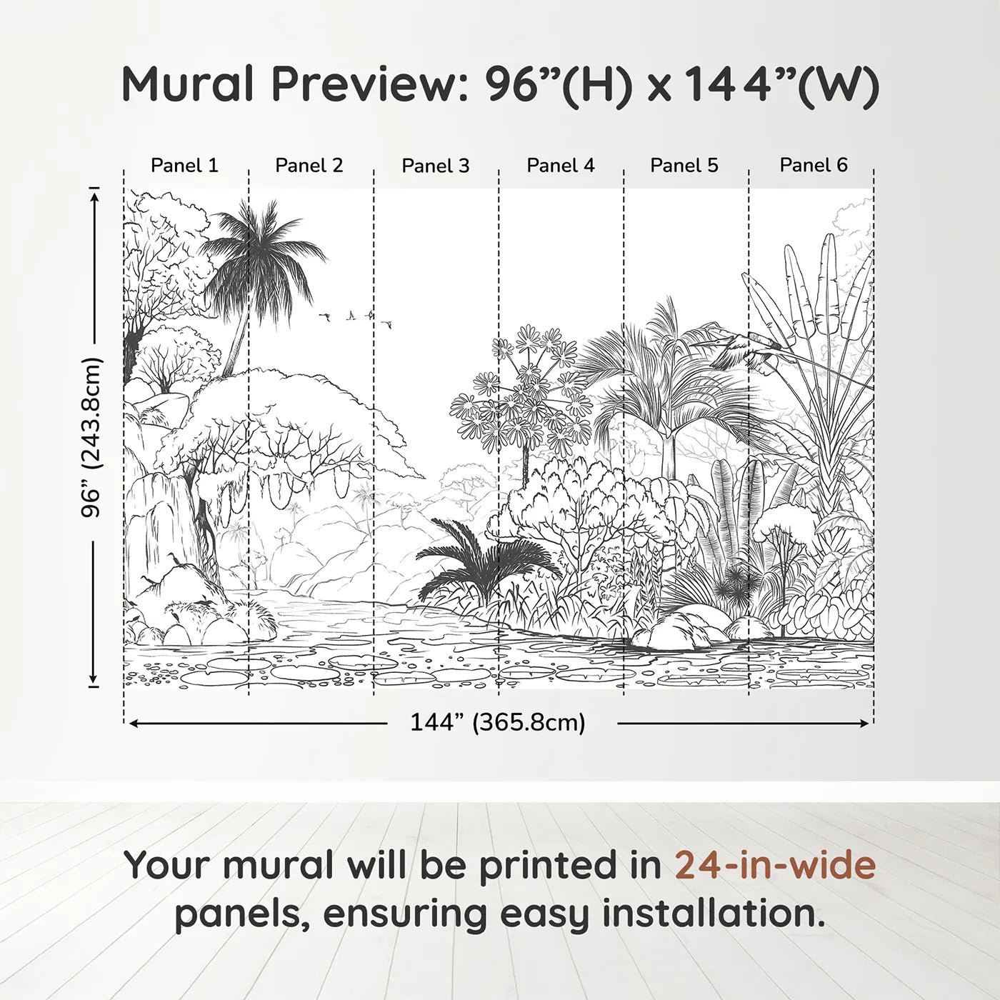 Whimsy Tots Jungle Coloring Page Wall Muraldimension view (96" H x 144" W). Printed in six 24-inch-wide panels. Gender-Neutral