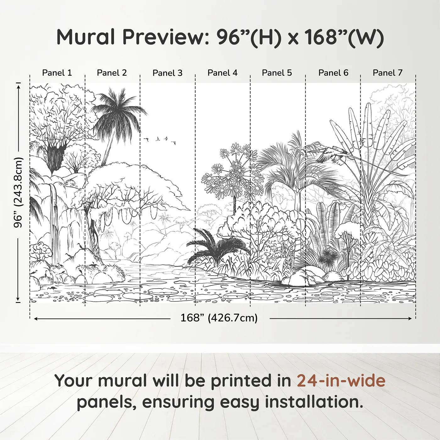 Whimsy Tots Jungle Coloring Page Wall Muraldimension view (96" H x 168" W). Printed in seven 24-inch-wide panels. Gender-Neutral