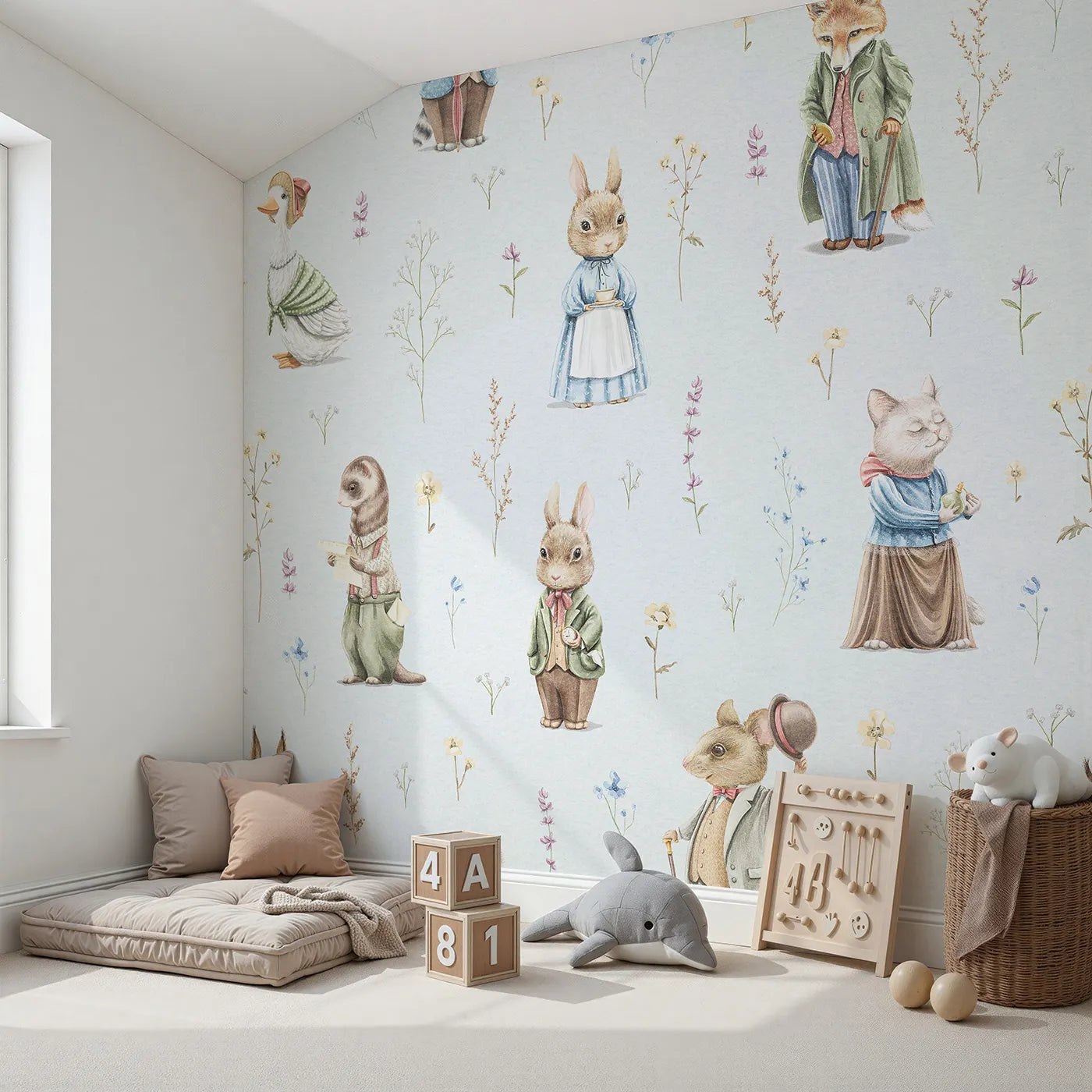 Angled view of Whimsy Tots' Vintage Woodland Friends Wall Mural (Turn Their Room into a Classic Storybook Meadow).Gender-Neutral