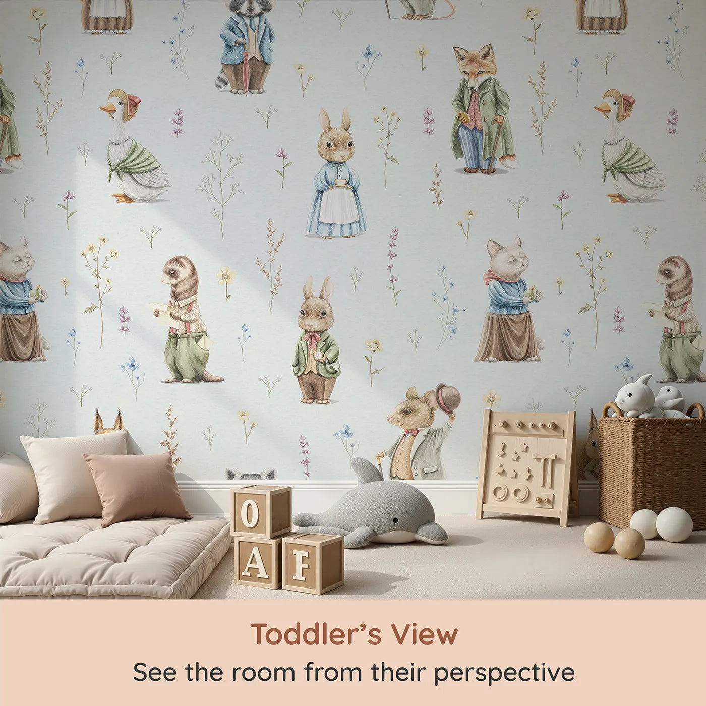 Whimsy Tots Vintage Woodland Friends Wall Mural (Turn Their Room into a Classic Storybook Meadow) from your child's view.Gender-Neutral