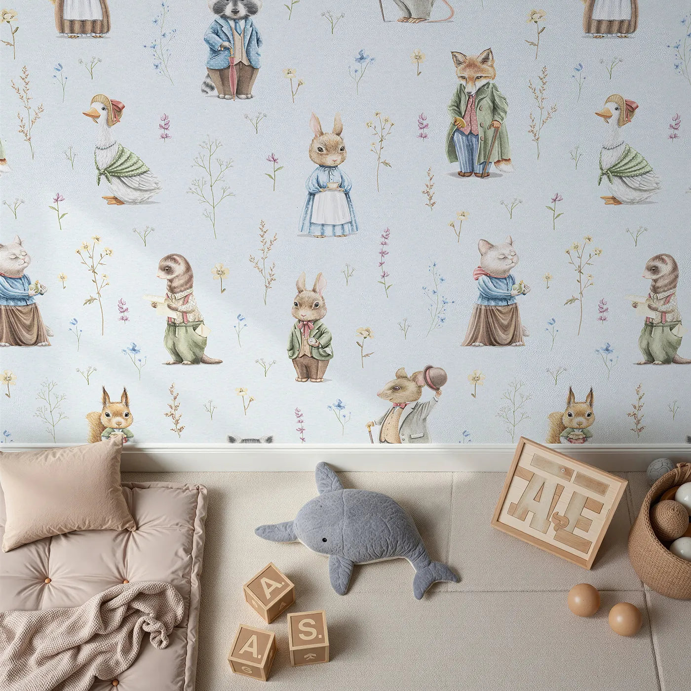 Top-down view of Whimsy Tots' Vintage Woodland Friends Wall Mural (Turn Their Room into a Classic Storybook Meadow).Gender-Neutral