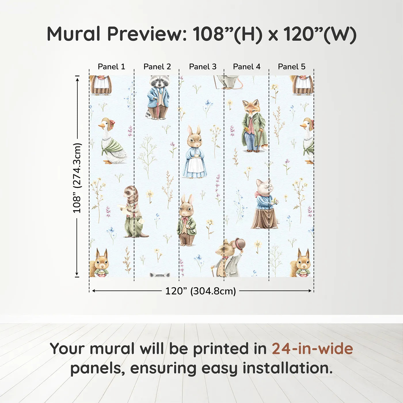 Whimsy Tots Vintage Woodland Friends Wall Muraldimension view (108" H x 120" W). Printed in five 24-inch-wide panels. Gender-Neutral