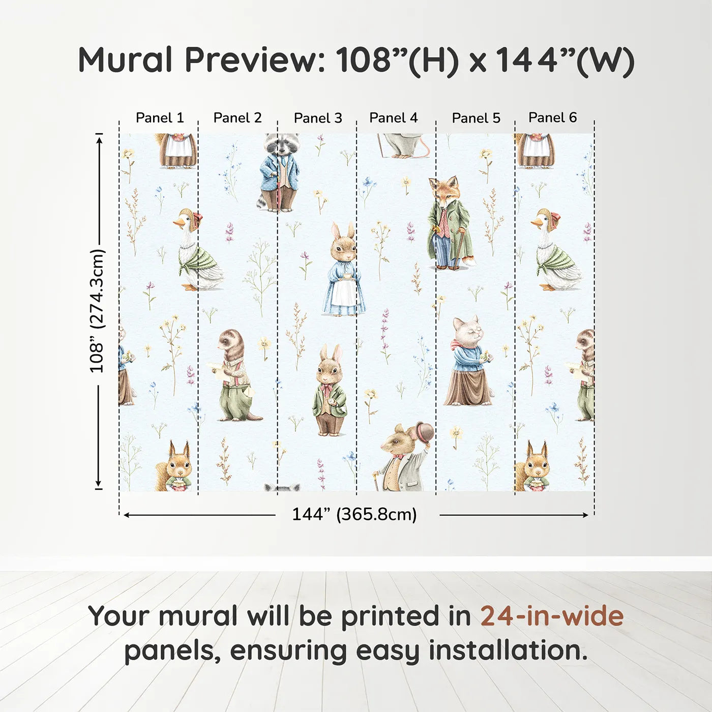 Whimsy Tots Vintage Woodland Friends Wall Muraldimension view (108" H x 144" W). Printed in six 24-inch-wide panels. Gender-Neutral
