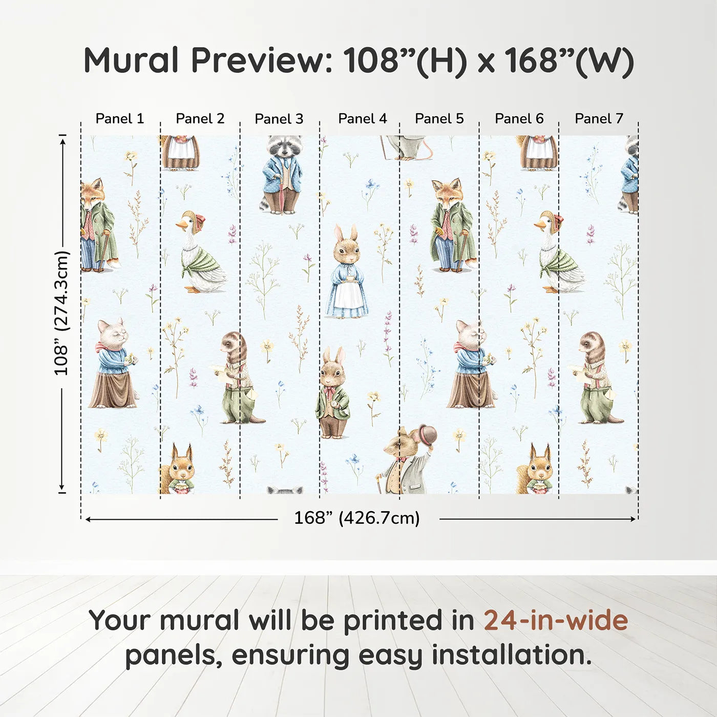Whimsy Tots Vintage Woodland Friends Wall Muraldimension view (108" H x 168" W). Printed in seven 24-inch-wide panels. Gender-Neutral