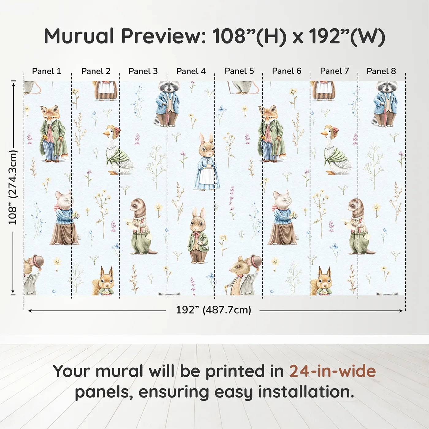 Whimsy Tots Vintage Woodland Friends Wall Muraldimension view (108" H x 192" W). Printed in eight 24-inch-wide panels. Gender-Neutral