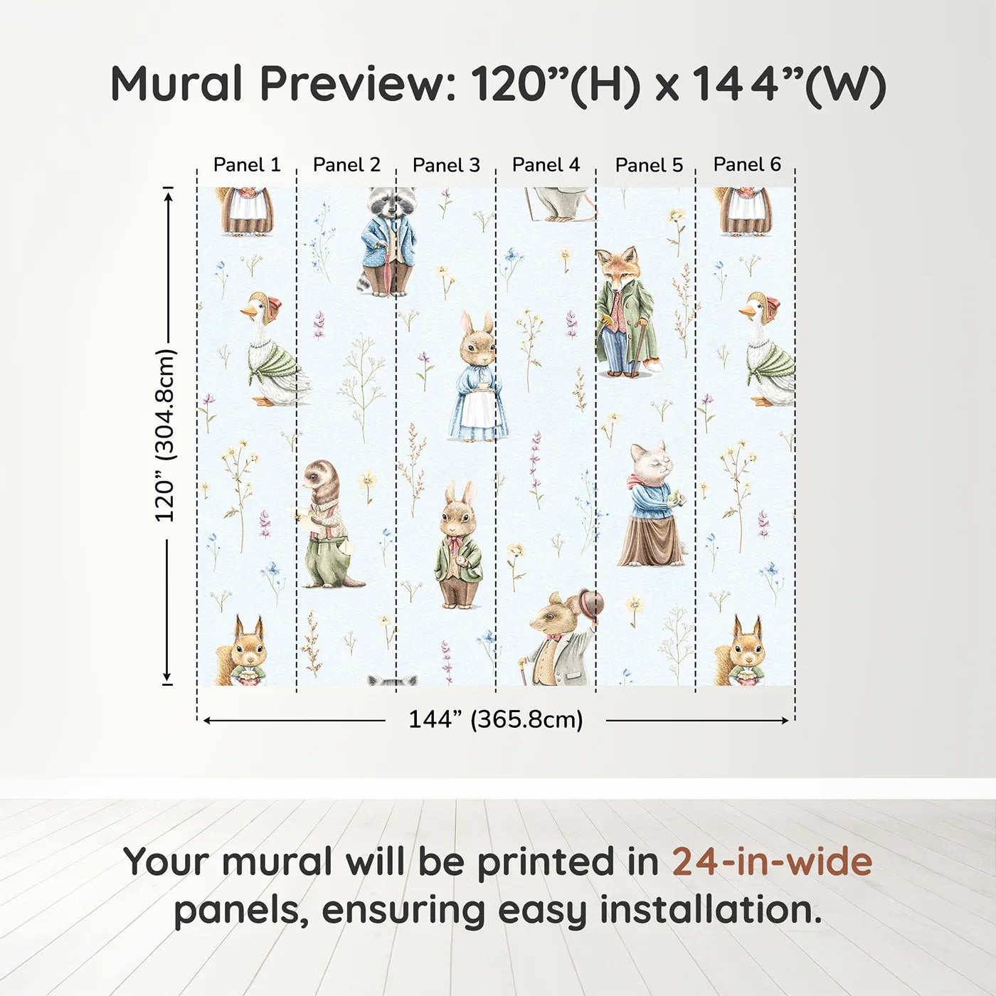Whimsy Tots Vintage Woodland Friends Wall Muraldimension view (120" H x 144" W). Printed in six 24-inch-wide panels. Gender-Neutral