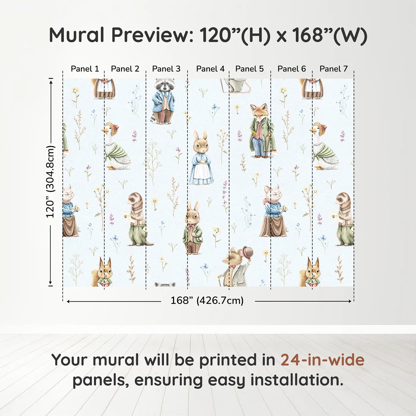 Whimsy Tots Vintage Woodland Friends Wall Muraldimension view (120" H x 168" W). Printed in seven 24-inch-wide panels. Gender-Neutral