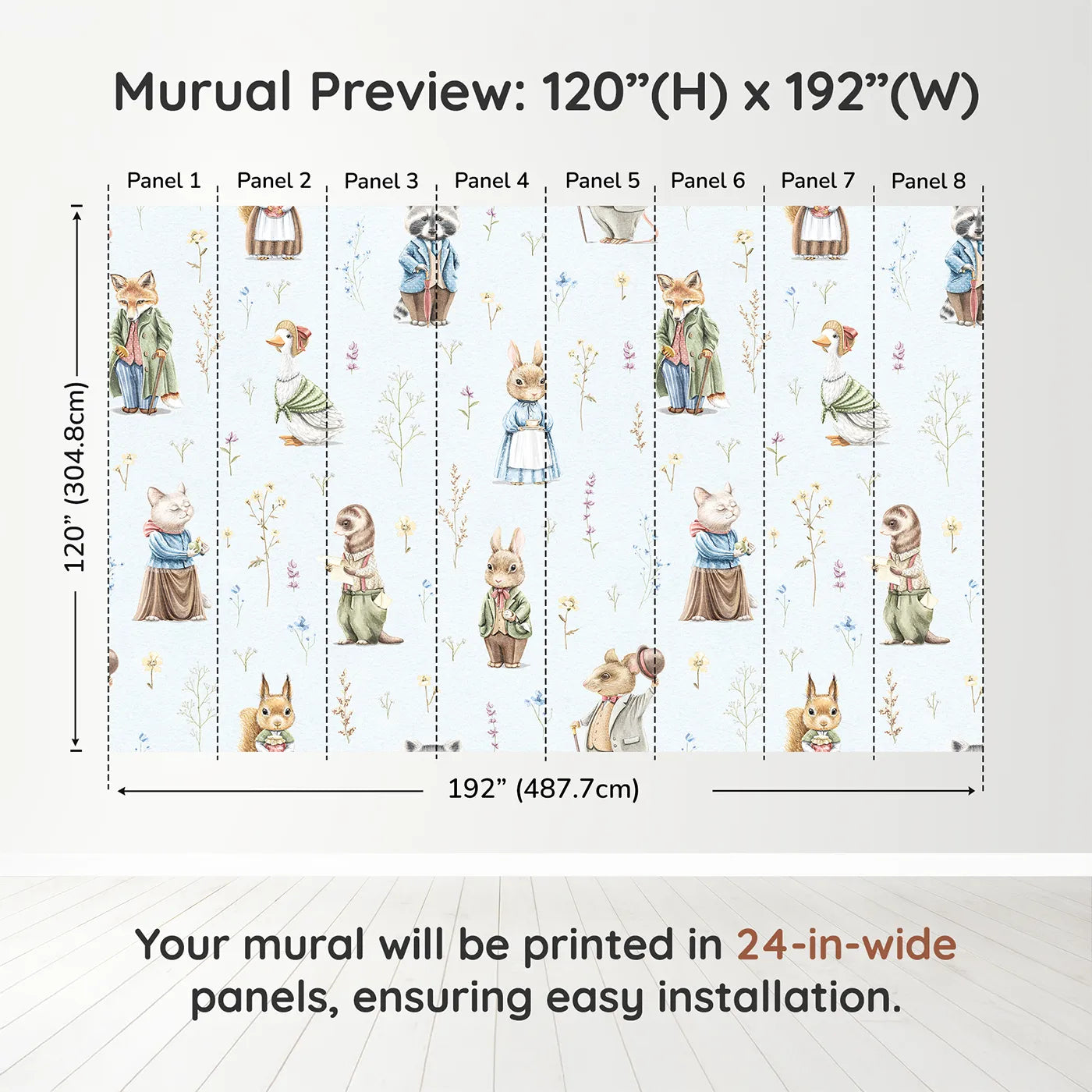 Whimsy Tots Vintage Woodland Friends Wall Muraldimension view (120" H x 192" W). Printed in eight 24-inch-wide panels. Gender-Neutral
