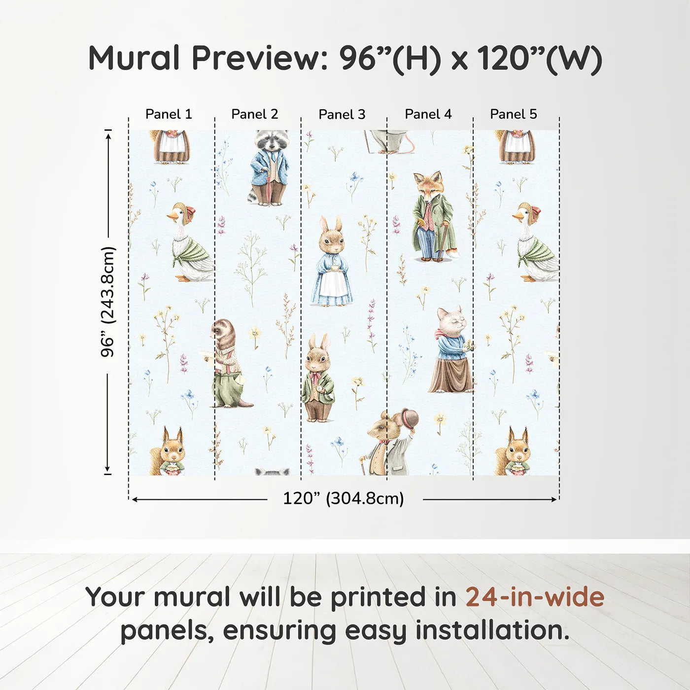 Whimsy Tots Vintage Woodland Friends Wall Muraldimension view (96" H x 120" W). Printed in five 24-inch-wide panels. Gender-Neutral