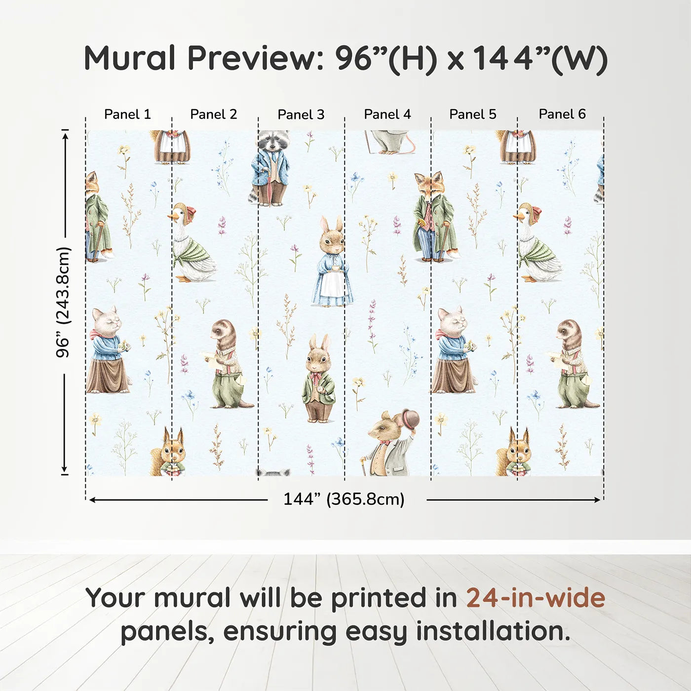 Whimsy Tots Vintage Woodland Friends Wall Muraldimension view (96" H x 144" W). Printed in six 24-inch-wide panels. Gender-Neutral