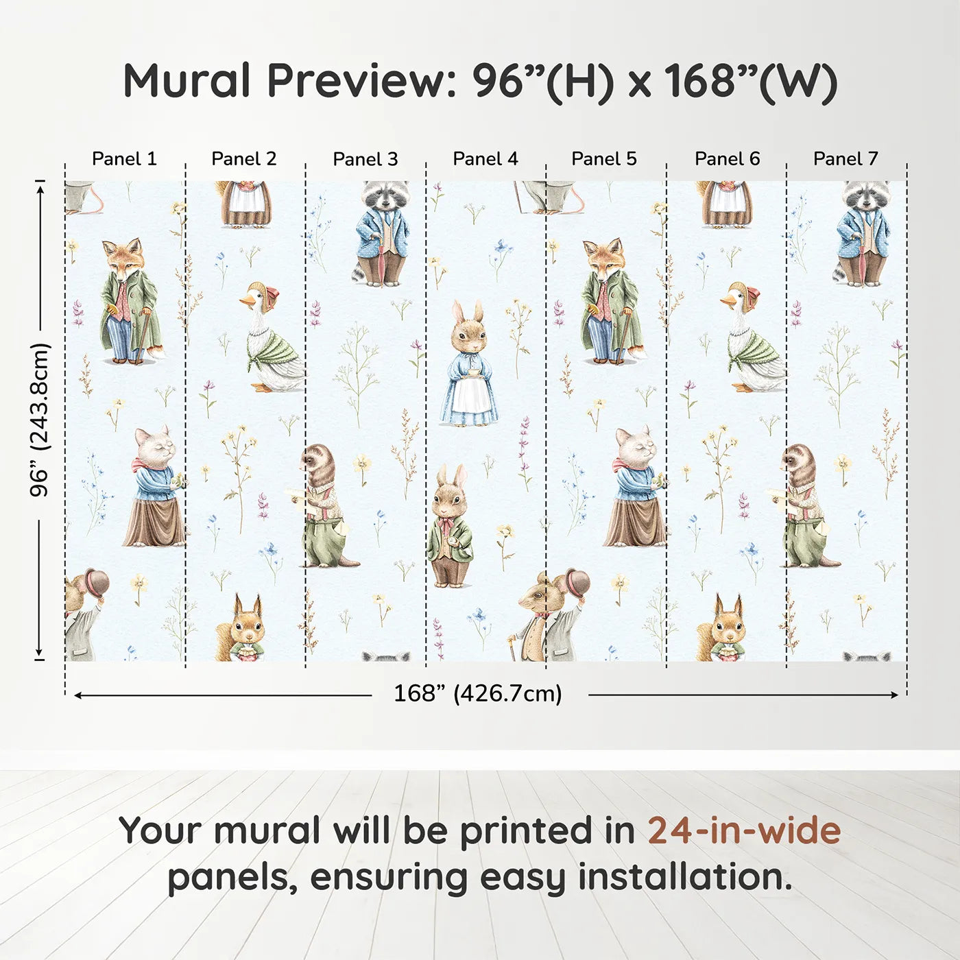 Whimsy Tots Vintage Woodland Friends Wall Muraldimension view (96" H x 168" W). Printed in seven 24-inch-wide panels. Gender-Neutral
