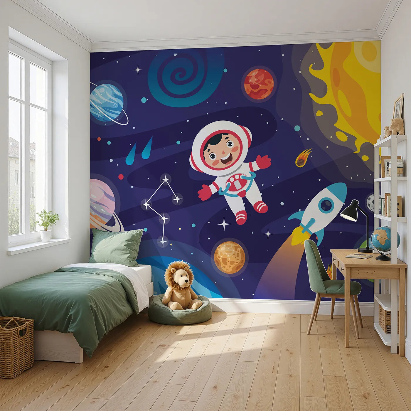 Angled view of Whimsy Tots' Happy Astronaut in Space Wall Mural (Turn Their Room into a Joyful Cosmic Adventure).Gender-Neutral