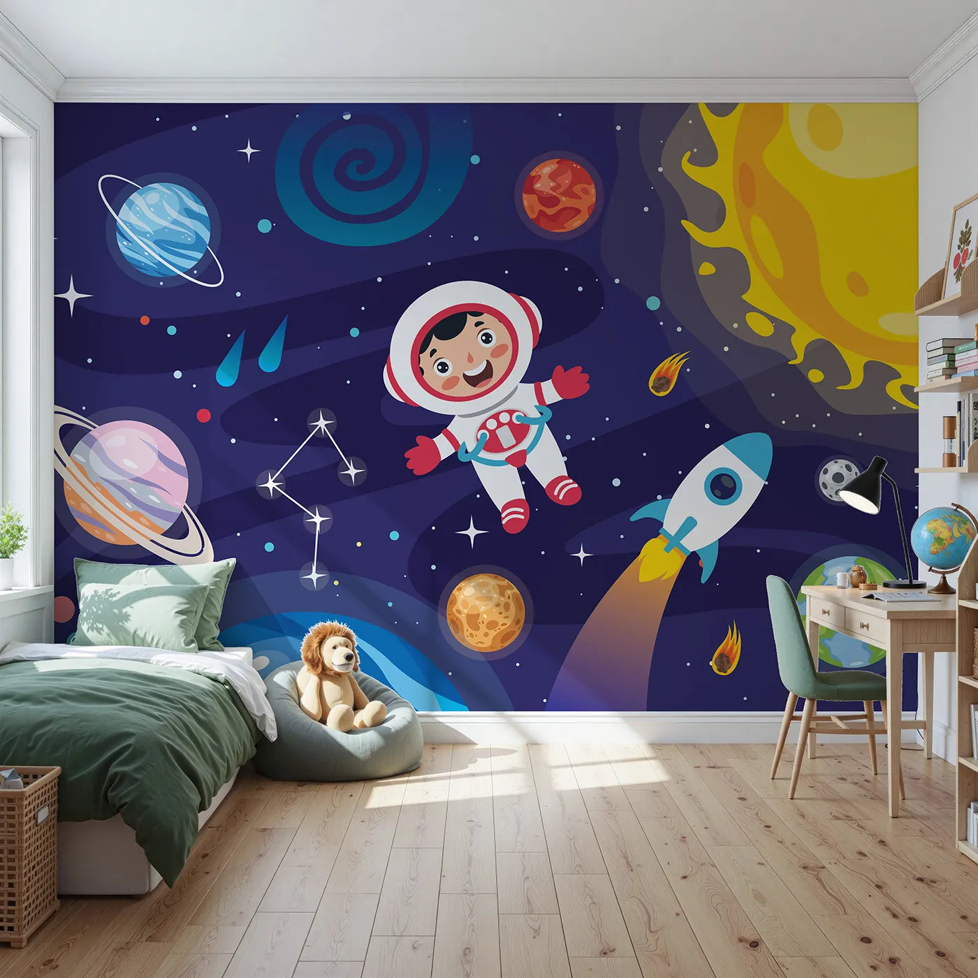 Front view of Whimsy Tots' Happy Astronaut in Space Wall Mural