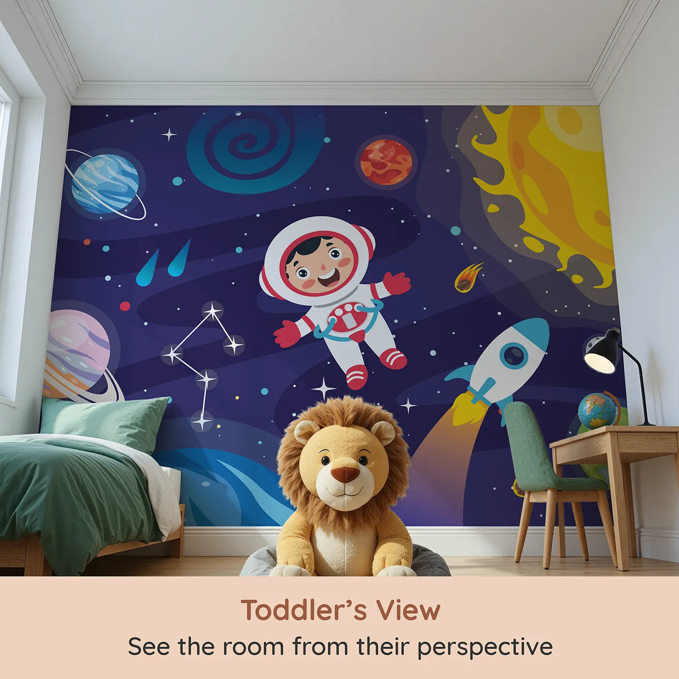 Whimsy Tots Happy Astronaut in Space Wall Mural (Turn Their Room into a Joyful Cosmic Adventure) from your child's view.Gender-Neutral