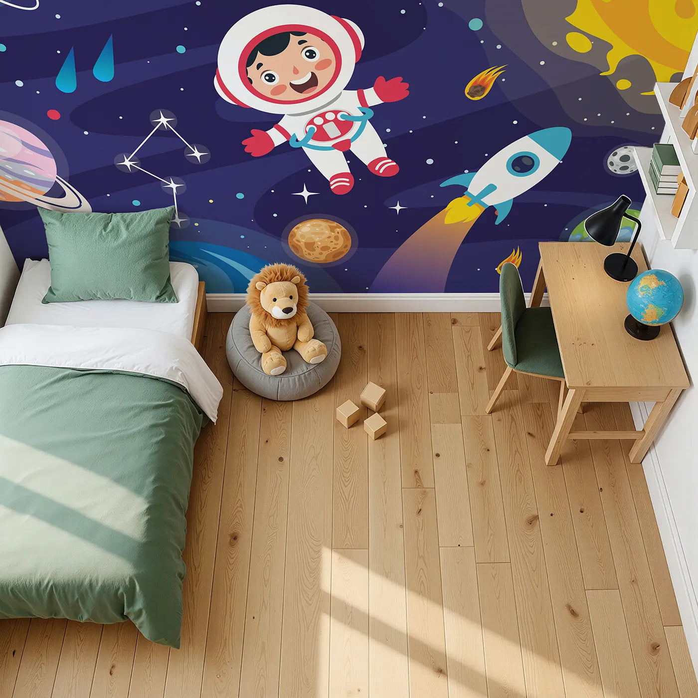 Top-down view of Whimsy Tots' Happy Astronaut in Space Wall Mural (Turn Their Room into a Joyful Cosmic Adventure).Gender-Neutral