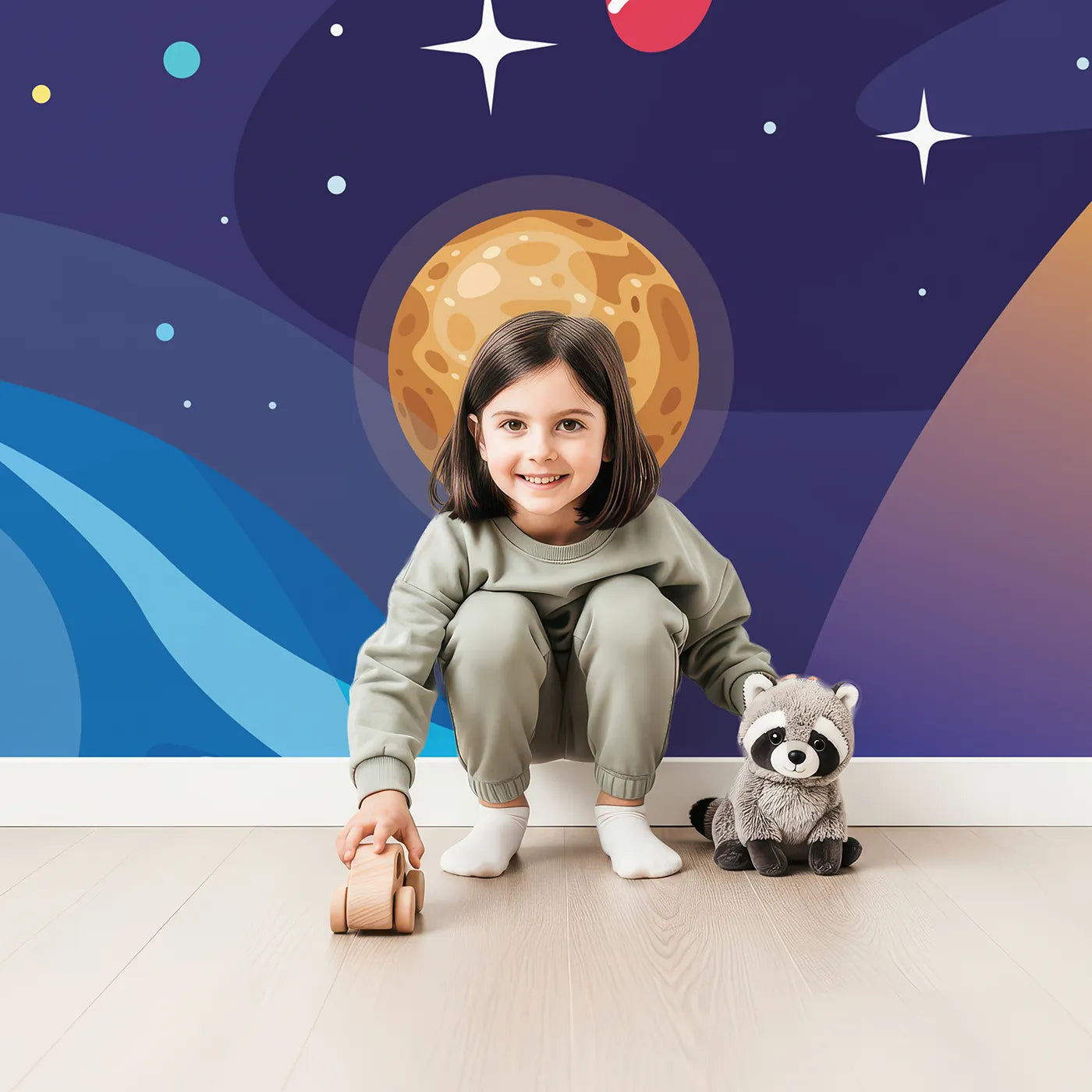 Child in front of Whimsy Tots Happy Astronaut in Space Wall Mural with space, astronaut, planet, rocket, sun, earth, cartoon, solar system in design.