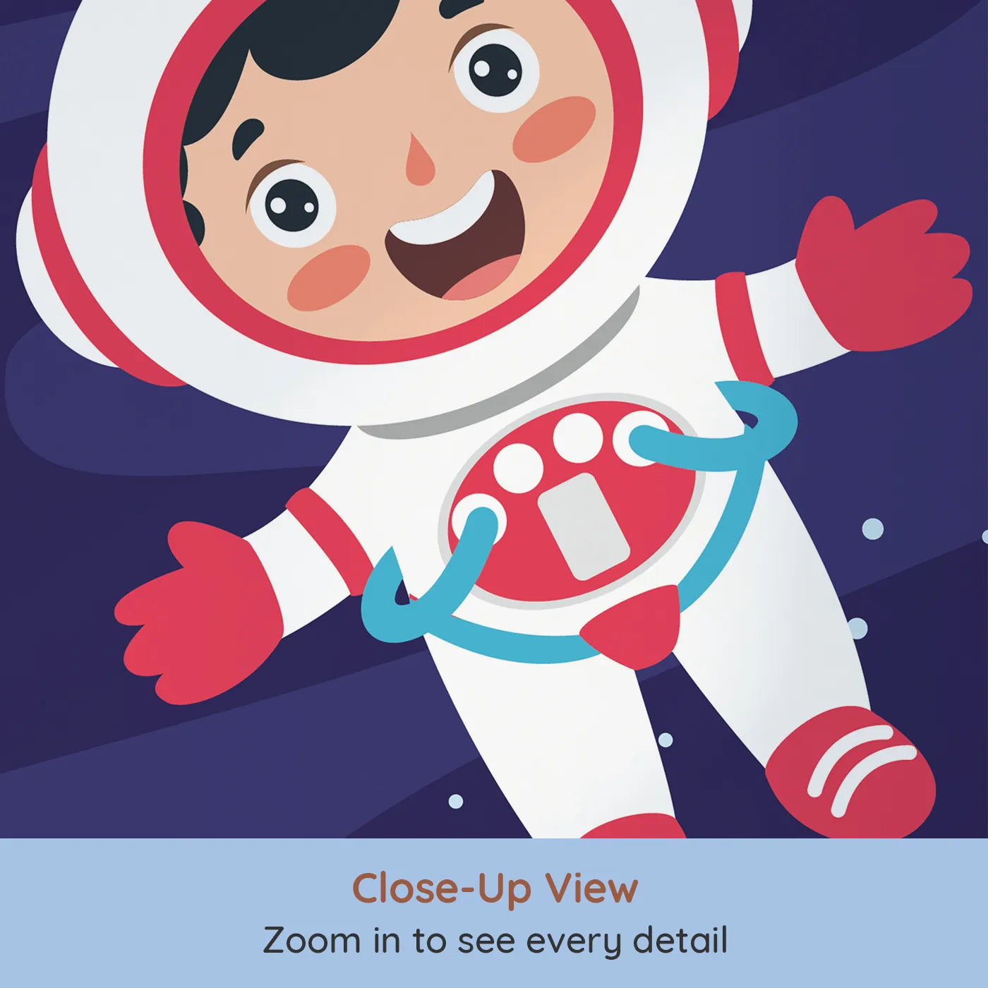 Close-up view of Whimsy Tots' Happy Astronaut in Space Wall Mural (Turn Their Room into a Joyful Cosmic Adventure).Gender-Neutral