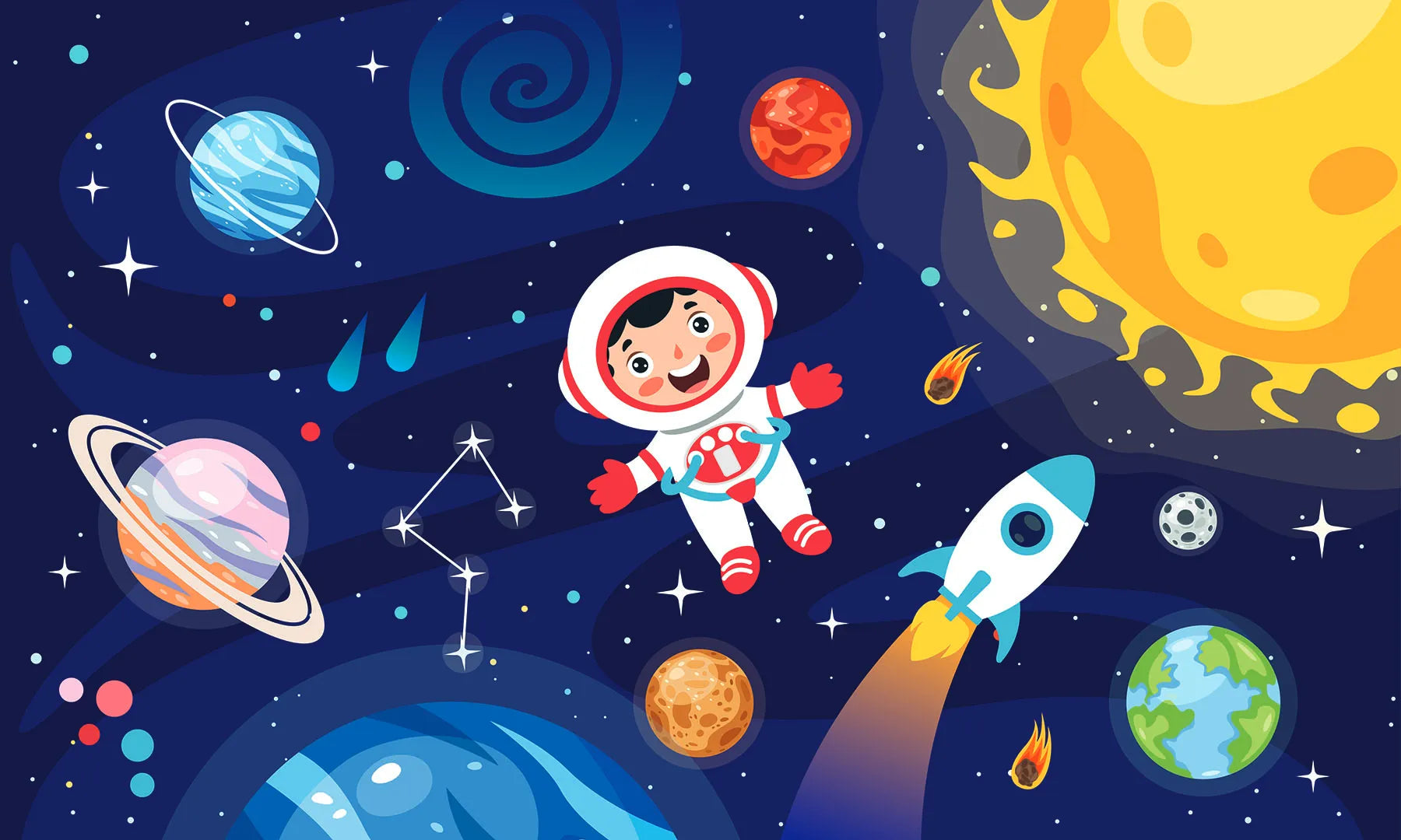 A Friendly Astronaut Exploring a Colorful Galaxy