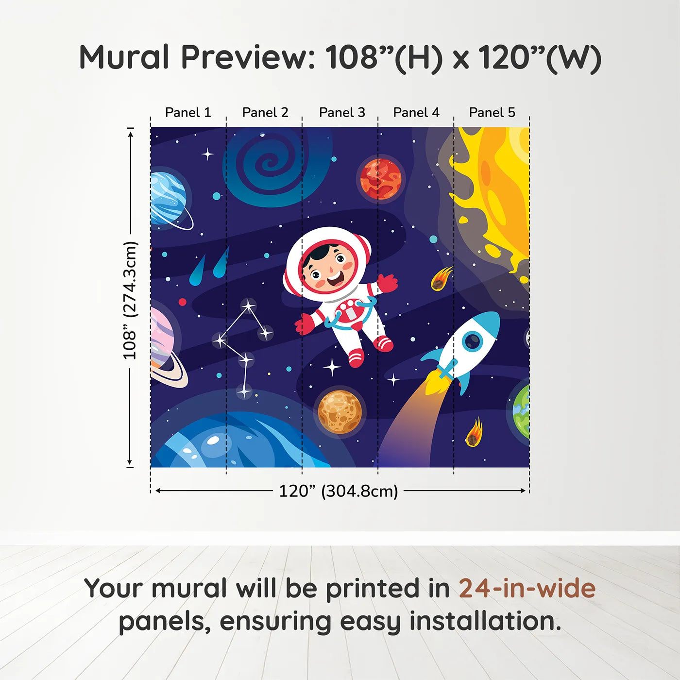 Whimsy Tots Happy Astronaut in Space Wall Muraldimension view (108" H x 120" W). Printed in five 24-inch-wide panels. Gender-Neutral