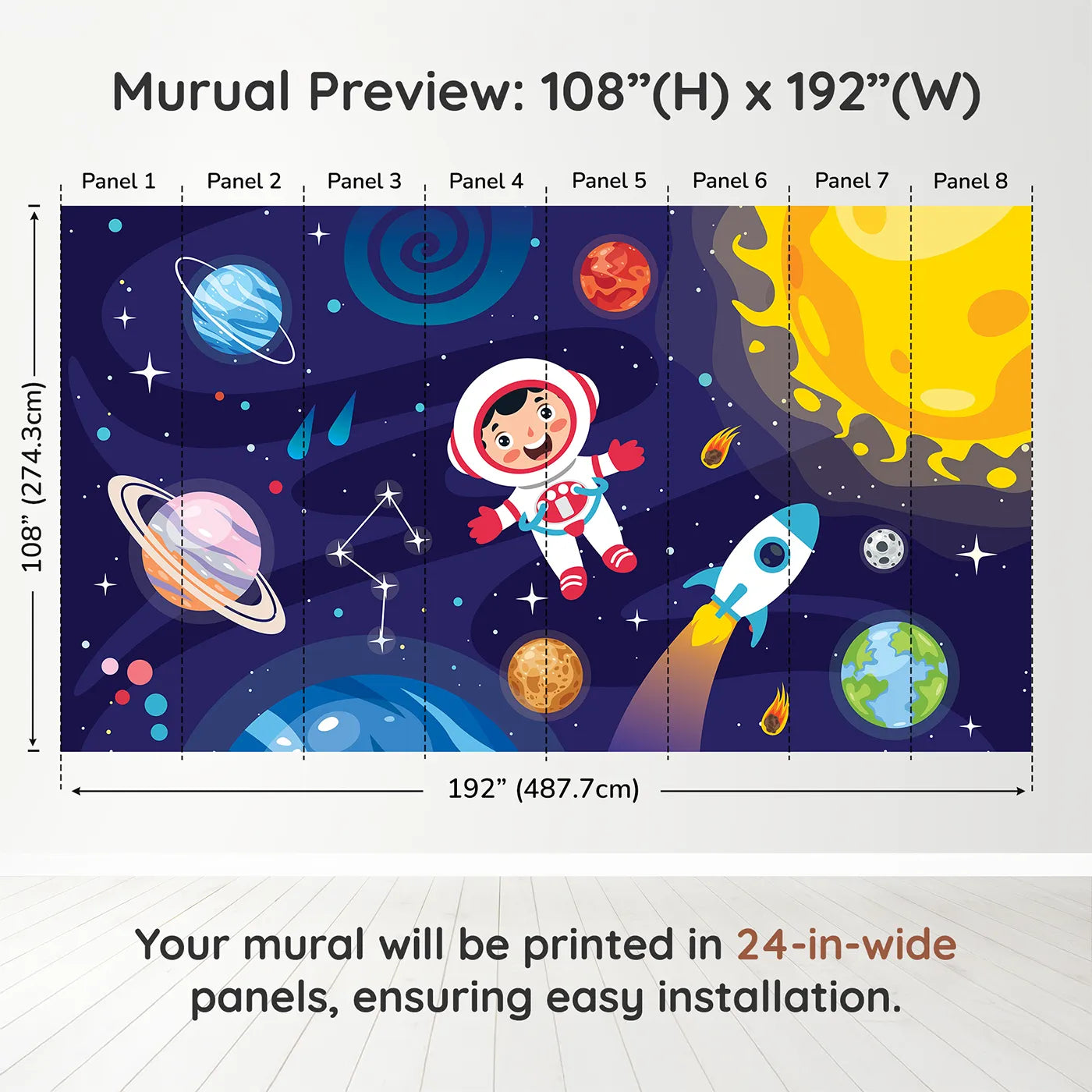 Whimsy Tots Happy Astronaut in Space Wall Muraldimension view (108" H x 192" W). Printed in eight 24-inch-wide panels. Gender-Neutral