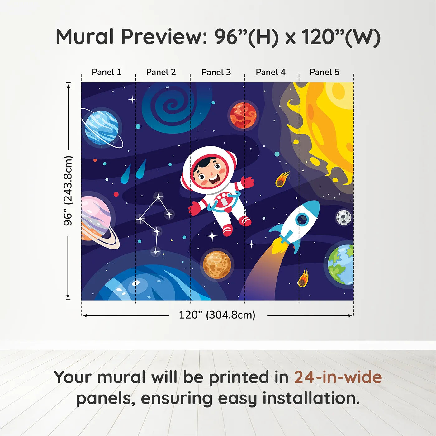 Whimsy Tots Happy Astronaut in Space Wall Muraldimension view (96" H x 120" W). Printed in five 24-inch-wide panels. Gender-Neutral