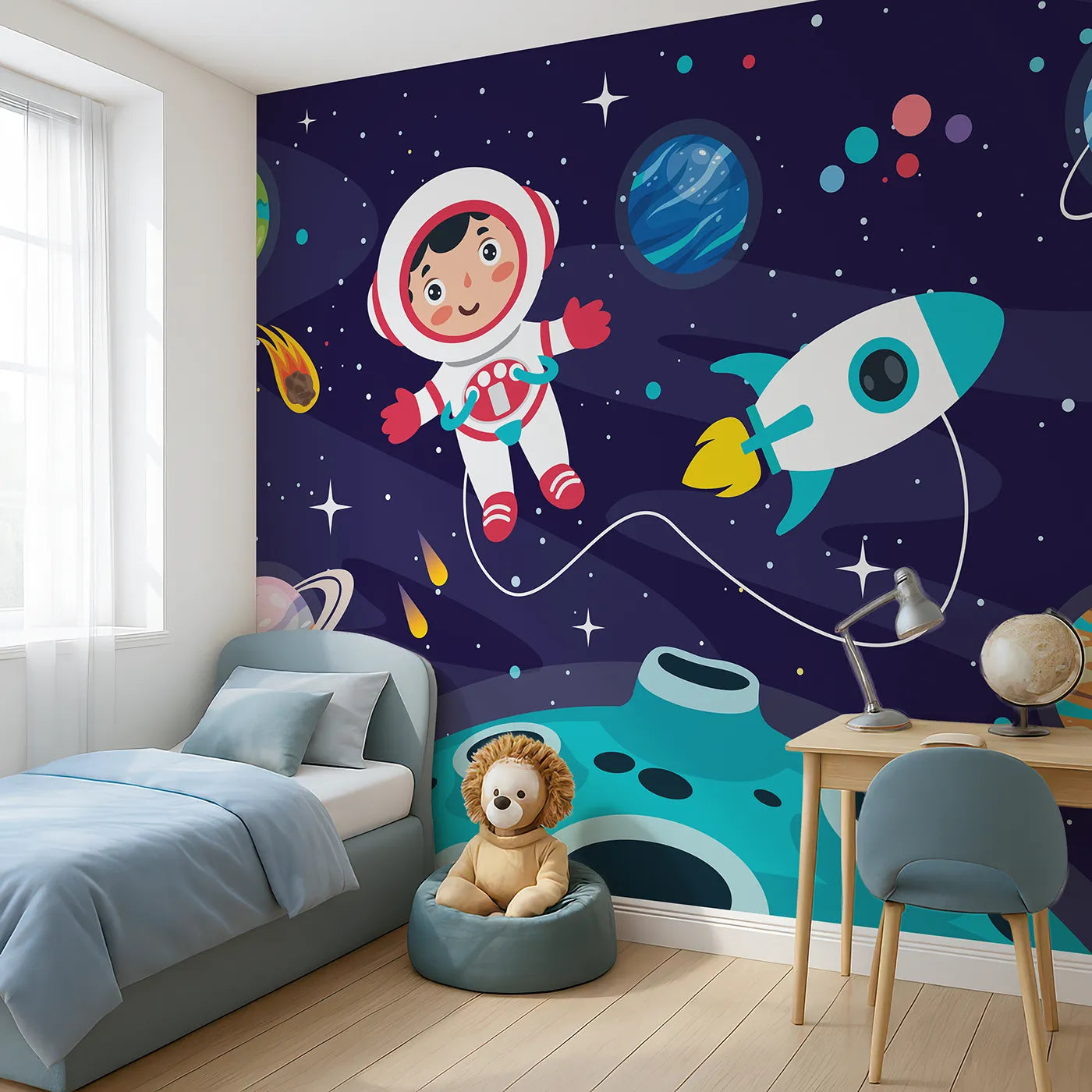 Angled view of Whimsy Tots' Astronaut on a New World Wall Mural (Turn Their Room into an Interplanetary Expedition).Gender-Neutral