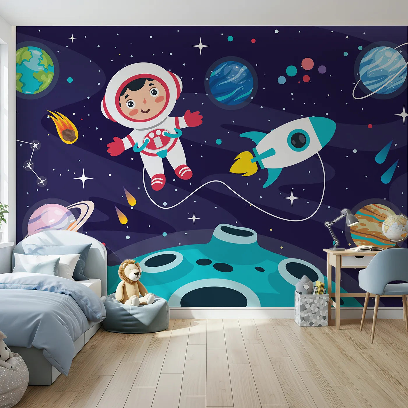 Front view of Whimsy Tots' Astronaut on a New World Wall Mural
