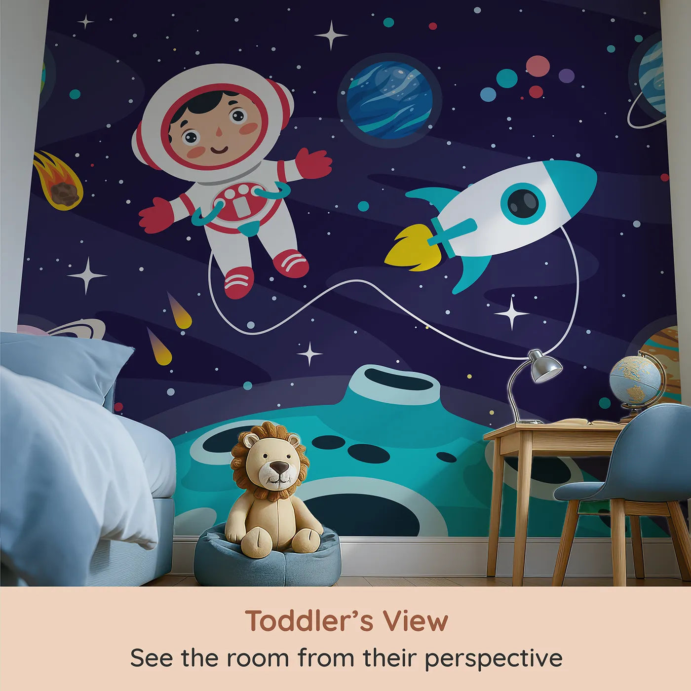 Whimsy Tots Astronaut on a New World Wall Mural (Turn Their Room into an Interplanetary Expedition) from your child's view.Gender-Neutral