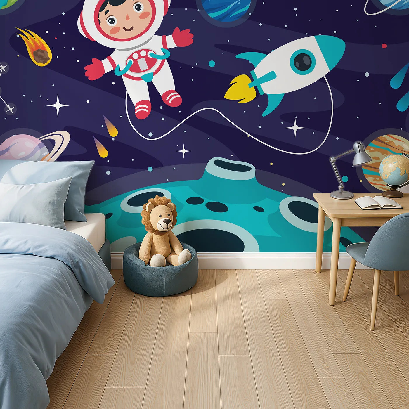 Top-down view of Whimsy Tots' Astronaut on a New World Wall Mural (Turn Their Room into an Interplanetary Expedition).Gender-Neutral