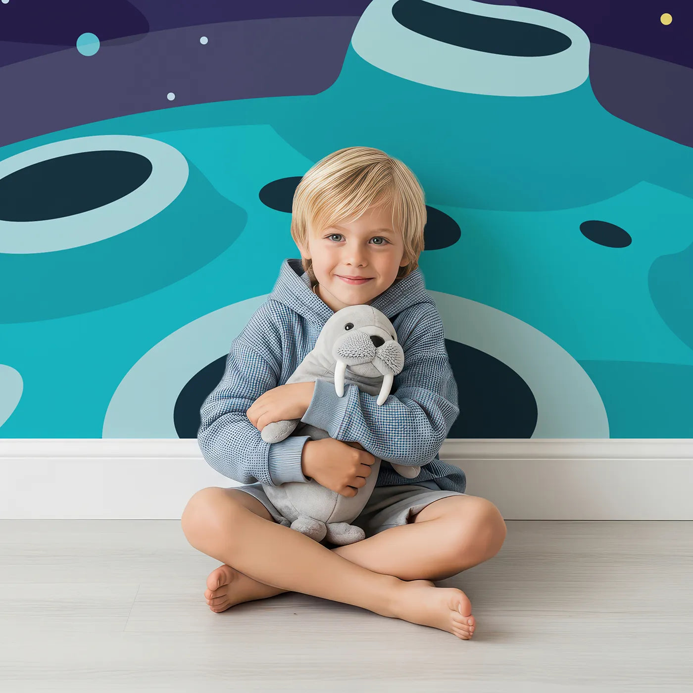Child in front of Whimsy Tots Astronaut on a New World Wall Mural with astronaut, space, planet, rocket, moon, cartoon, galaxy, crater in design.
