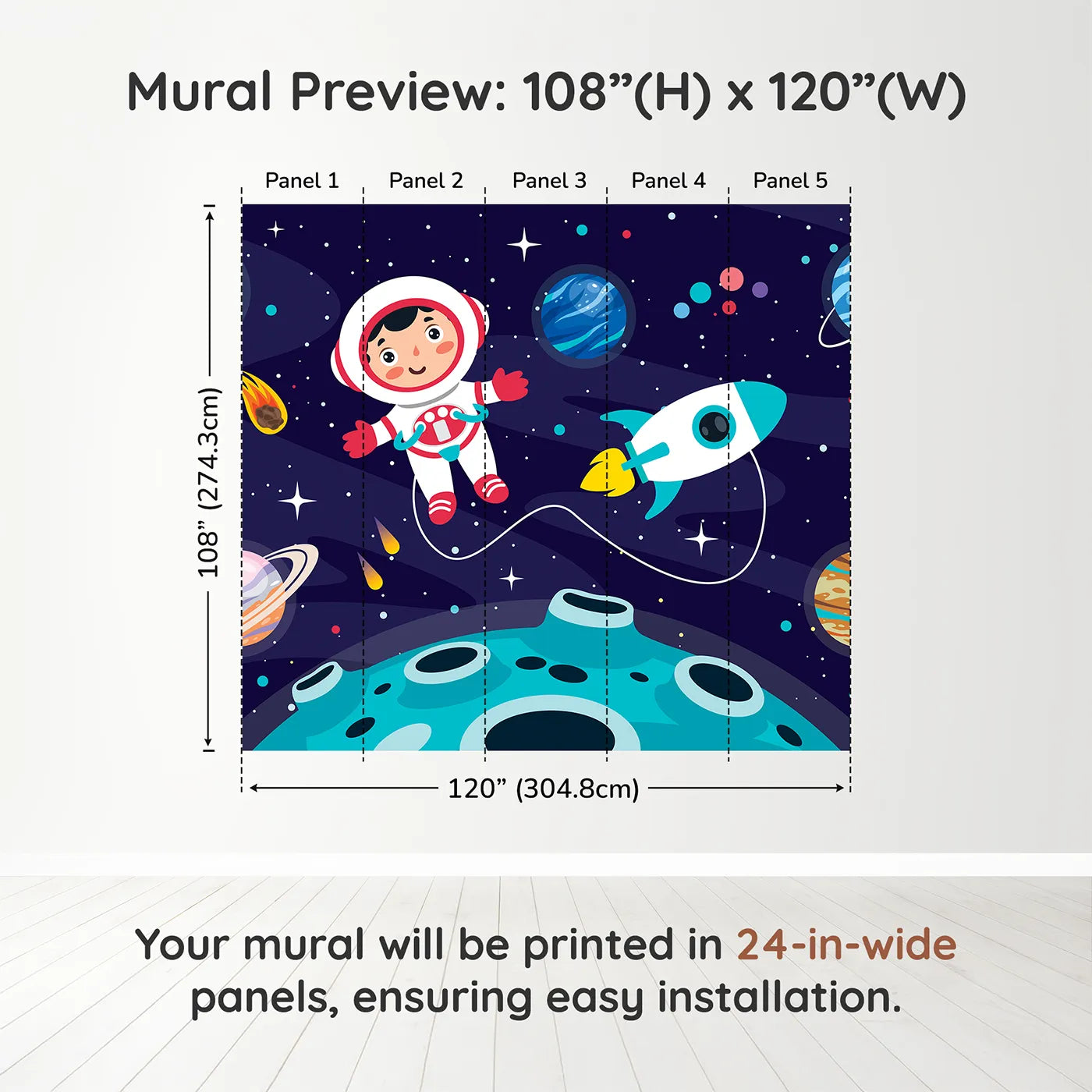 Whimsy Tots Astronaut on a New World Wall Muraldimension view (108" H x 120" W). Printed in five 24-inch-wide panels. Gender-Neutral