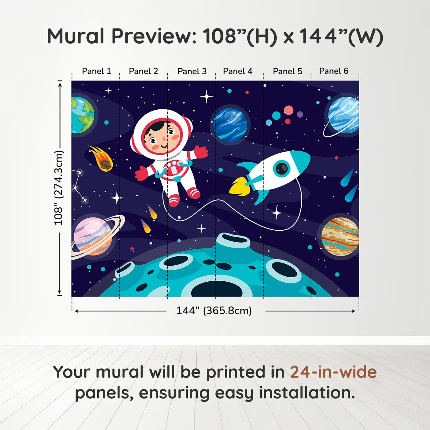 Whimsy Tots Astronaut on a New World Wall Muraldimension view (108" H x 144" W). Printed in six 24-inch-wide panels. Gender-Neutral