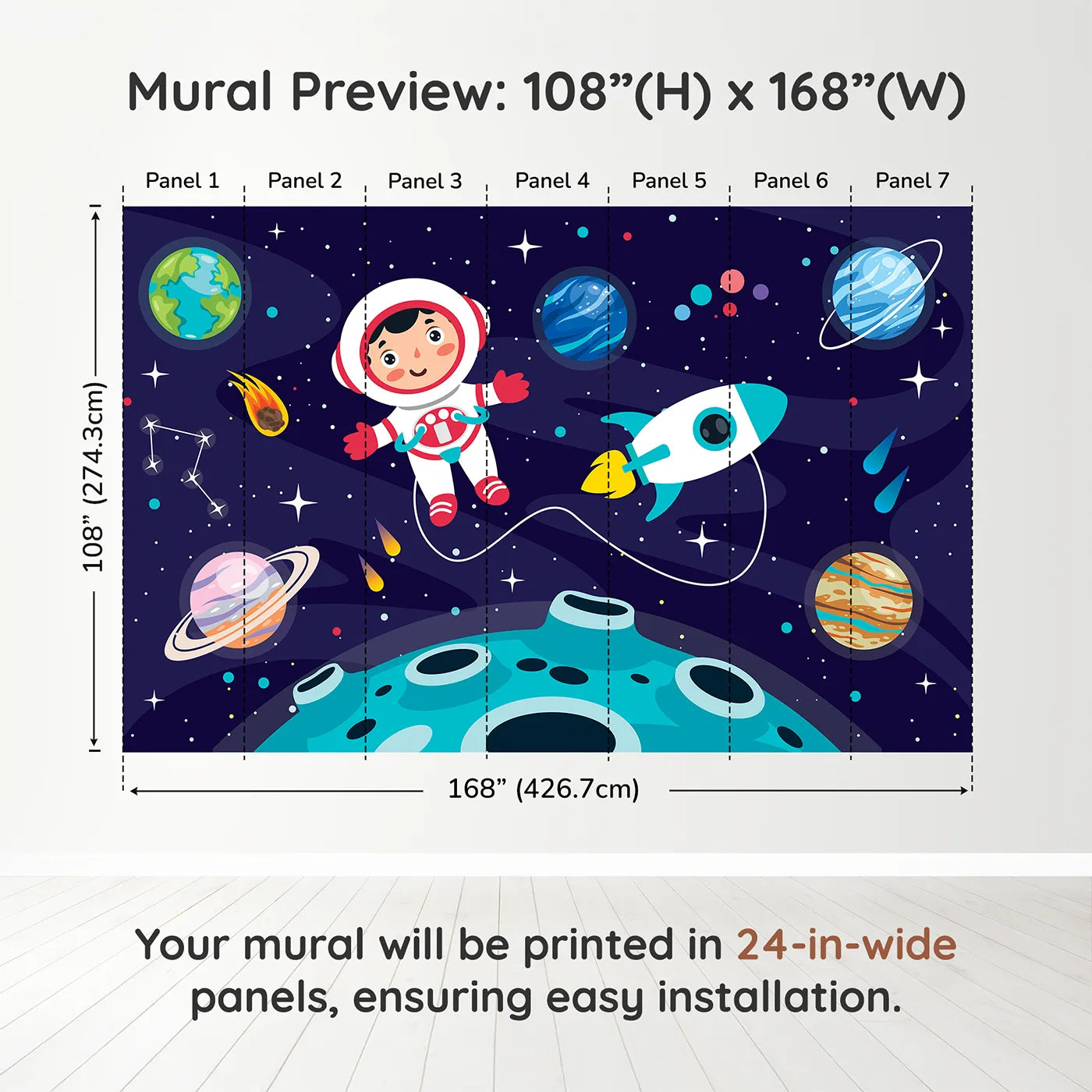Whimsy Tots Astronaut on a New World Wall Muraldimension view (108" H x 168" W). Printed in seven 24-inch-wide panels. Gender-Neutral