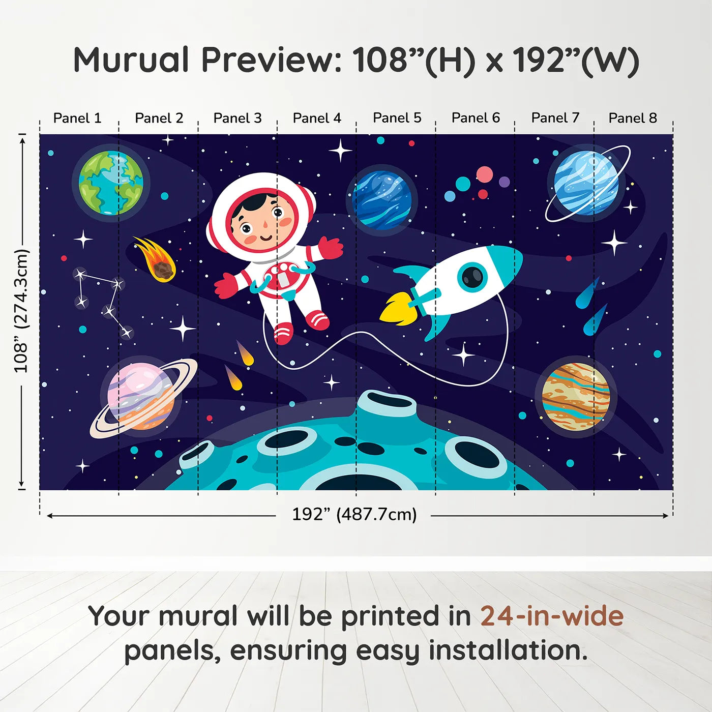 Whimsy Tots Astronaut on a New World Wall Muraldimension view (108" H x 192" W). Printed in eight 24-inch-wide panels. Gender-Neutral