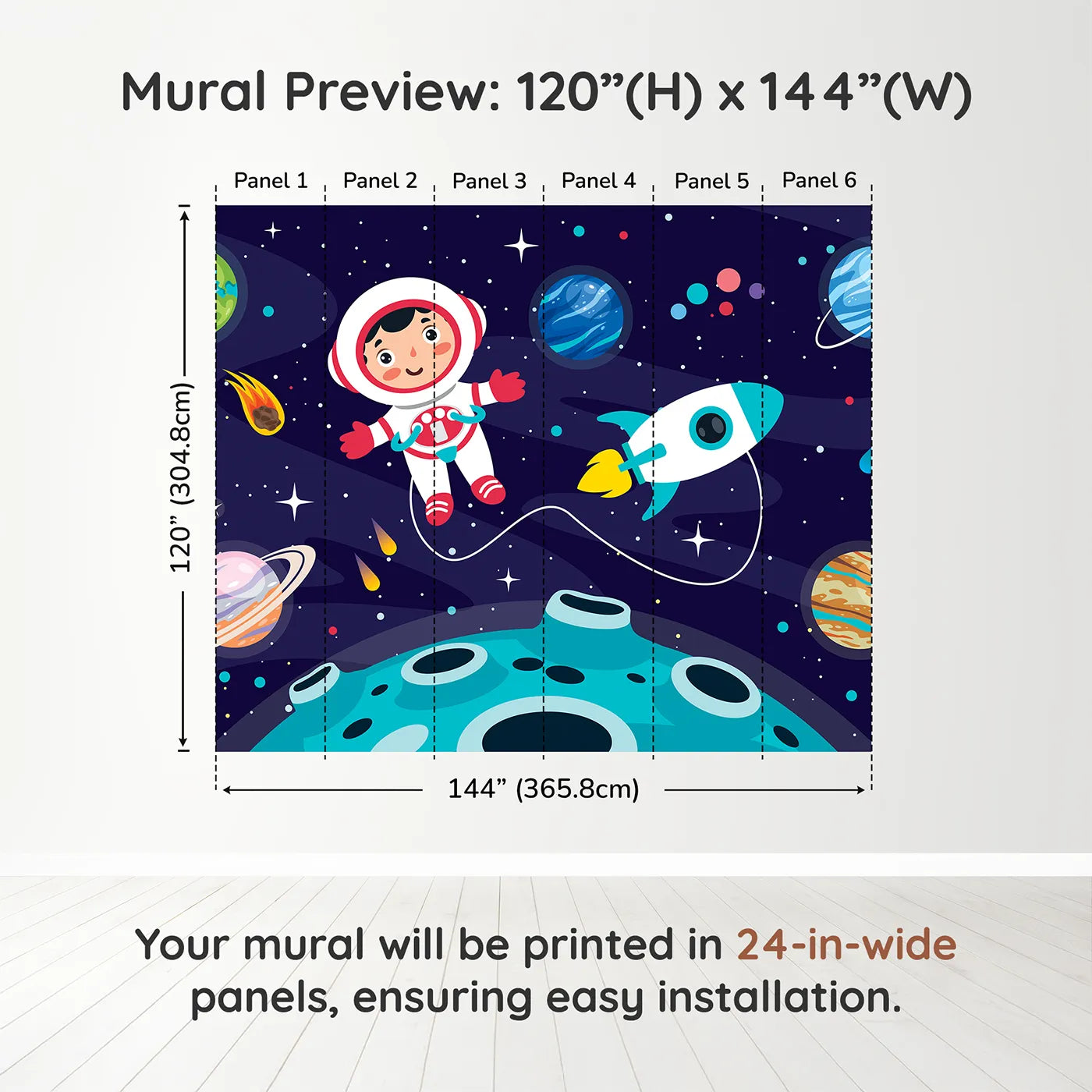 Whimsy Tots Astronaut on a New World Wall Muraldimension view (120" H x 144" W). Printed in six 24-inch-wide panels. Gender-Neutral