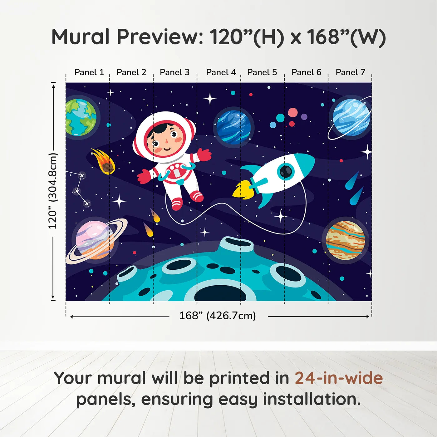 Whimsy Tots Astronaut on a New World Wall Muraldimension view (120" H x 168" W). Printed in seven 24-inch-wide panels. Gender-Neutral