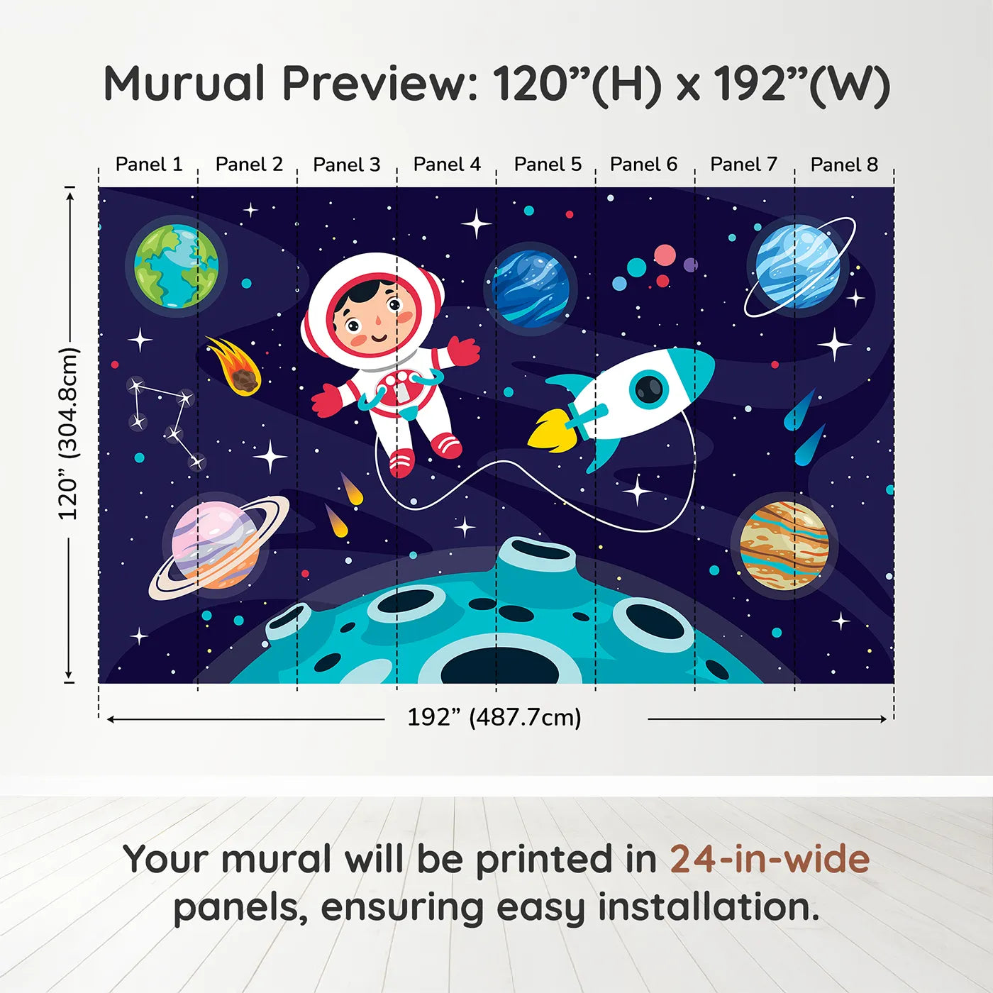 Whimsy Tots Astronaut on a New World Wall Muraldimension view (120" H x 192" W). Printed in eight 24-inch-wide panels. Gender-Neutral