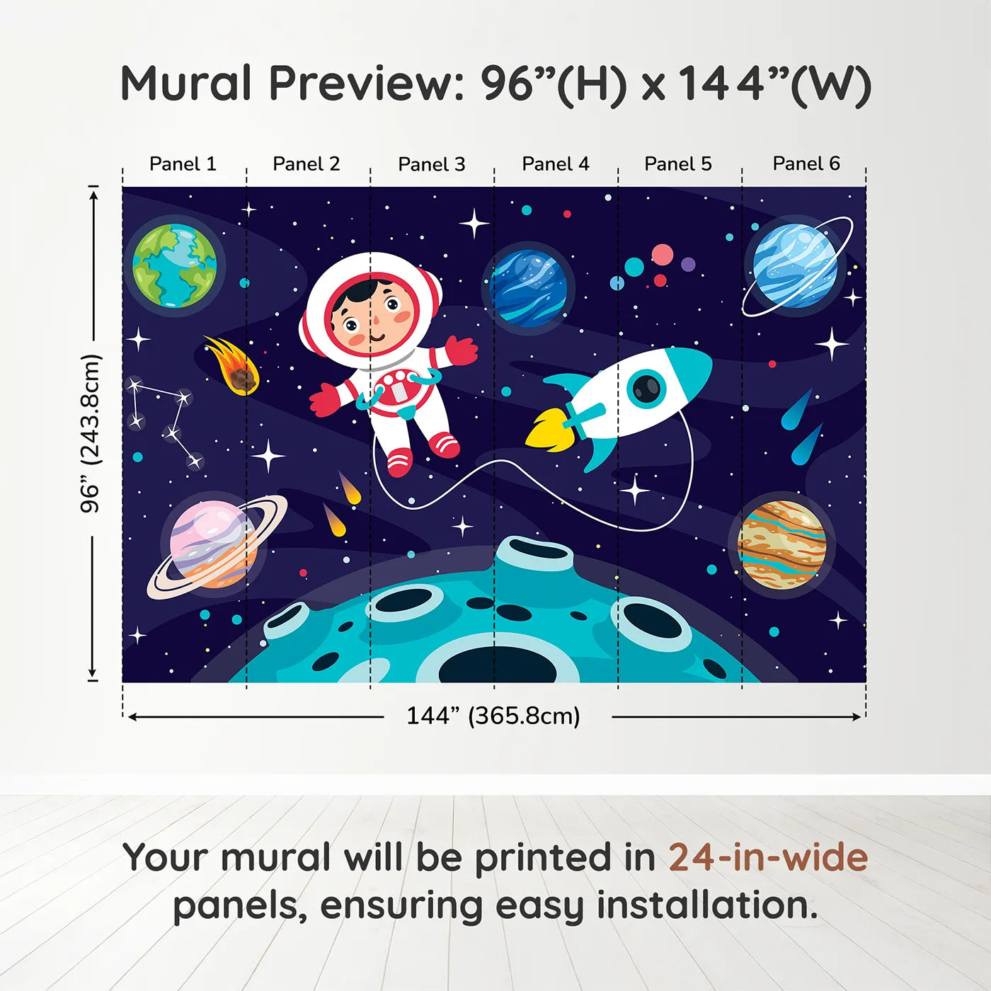 Whimsy Tots Astronaut on a New World Wall Muraldimension view (96" H x 144" W). Printed in six 24-inch-wide panels. Gender-Neutral