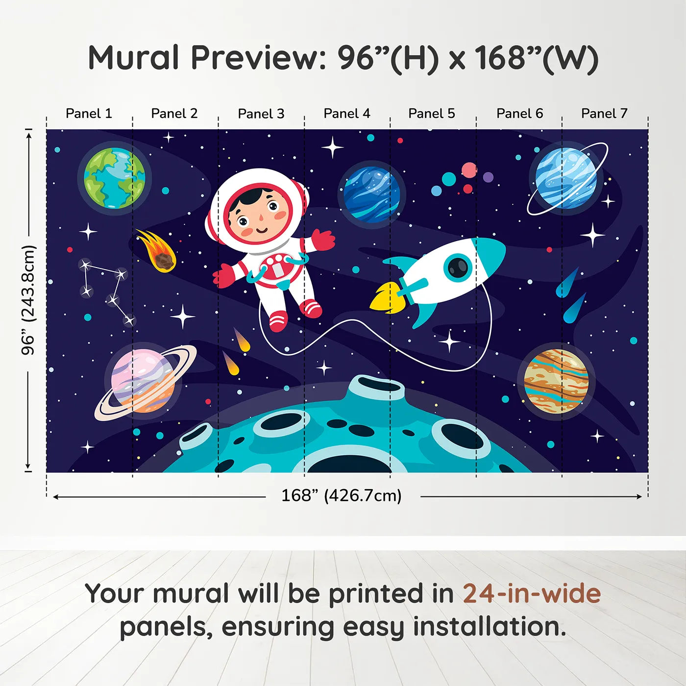 Whimsy Tots Astronaut on a New World Wall Muraldimension view (96" H x 168" W). Printed in seven 24-inch-wide panels. Gender-Neutral