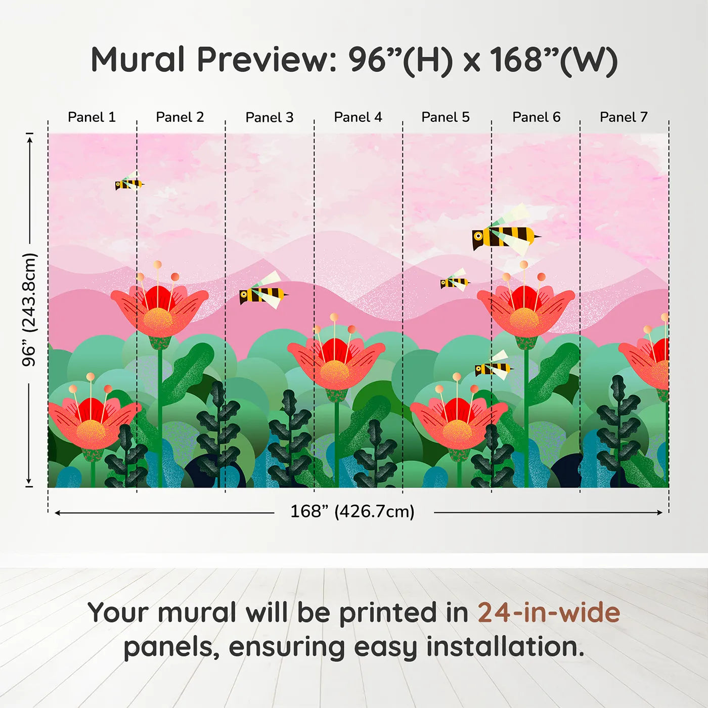 Whimsy Tots Geometric Bee Garden Wall Muraldimension view (96" H x 168" W). Printed in seven 24-inch-wide panels. Best for Girls