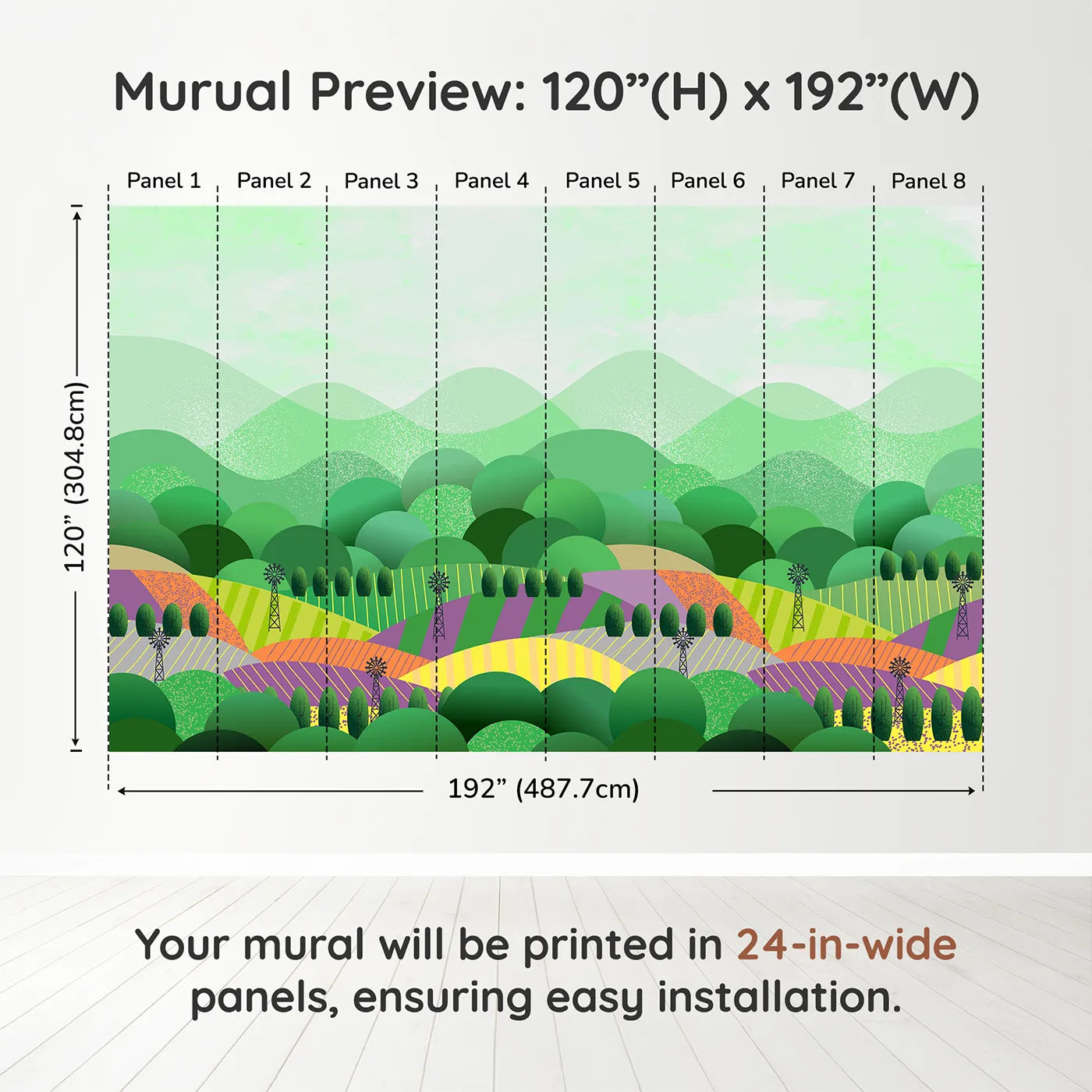 Whimsy Tots Rolling Hills Farm Wall Muraldimension view (120" H x 192" W). Printed in eight 24-inch-wide panels. Gender-Neutral